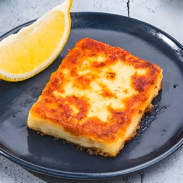 Golden-brown pan-fried Greek saganaki cheese with a lemon wedge on a dark plate.