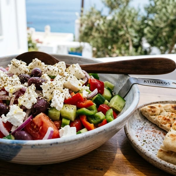 Fresh Greek salad with feta, olives, and vegetables, served with pita bread outdoors.