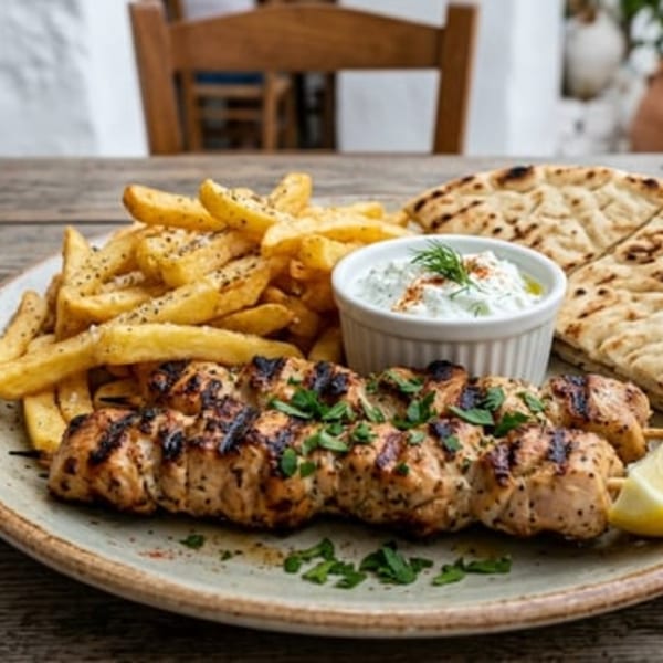Grilled chicken souvlaki skewers with fries, pita bread, and tzatziki sauce on a rustic plate.