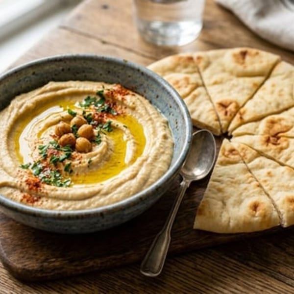 A bowl of hummus with chickpeas, olive oil, and parsley, served with pita bread.