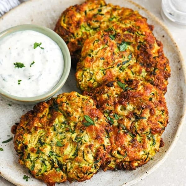 Four golden-brown Greek zucchini fritters with a side of creamy tzatziki sauce on a white plate.