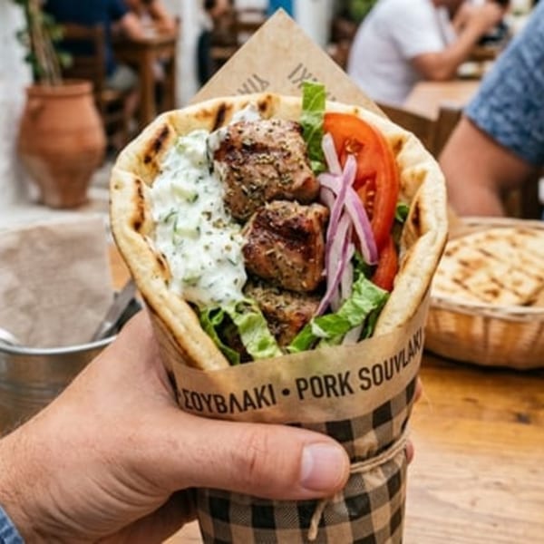 Hand holding a pork souvlaki with tzatziki, lettuce, tomato, and red onion in a pita.