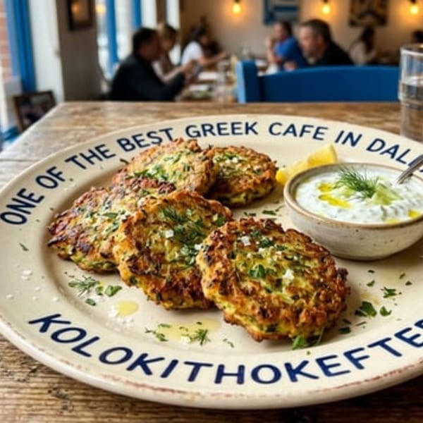 Zucchini fritters with tzatziki sauce and lemon on a plate at a Greek cafe.