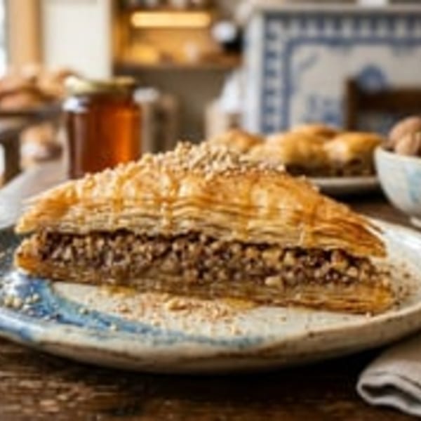 A triangular piece of baklava with nuts and honey on a blue and white plate.