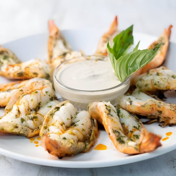 Grilled shrimp with herbs and a side of creamy dipping sauce, garnished with basil.