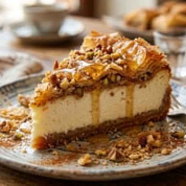 A slice of cheesecake with baklava crust, drizzled with honey and topped with nuts.