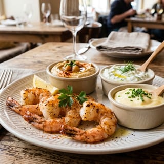 SHRIMP (4) with Hummus or Tzatziki Spread